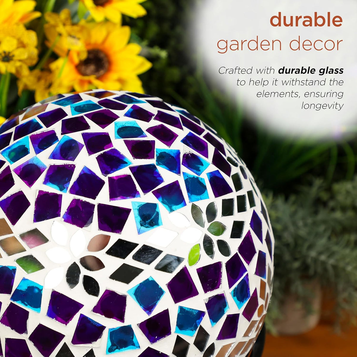 Alpine Corporation HMD218 Mosaic Gazing Globe with Mirrored Floral Pattern Decoration for Garden
