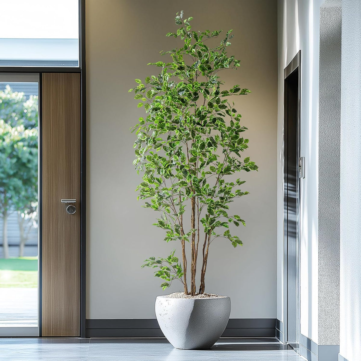 Artificial Ficus Tree Indoor 8ft, Large Potted Faux Tree with Realistic Silk Leaves & Trunk for