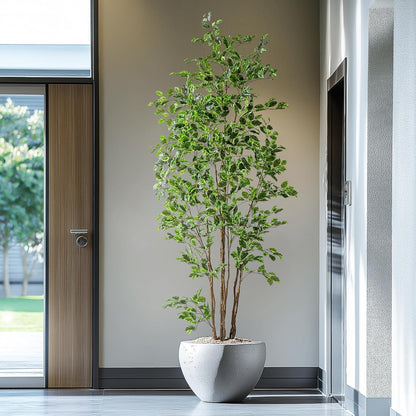 Artificial Ficus Tree Indoor 8ft, Large Potted Faux Tree with Realistic Silk Leaves & Trunk for