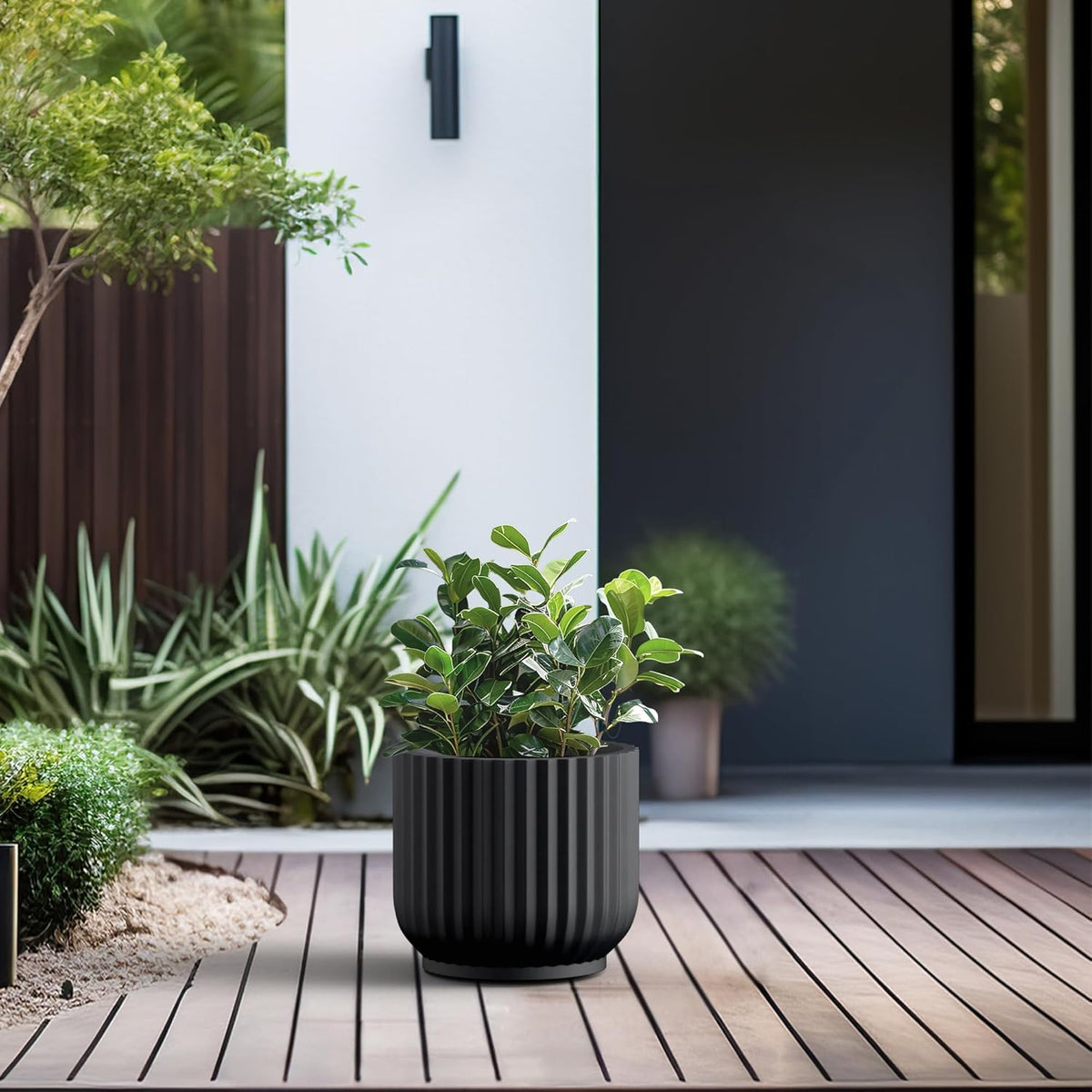 Kante Round Fulted Planter, 11 Inch Dia Large Concrete Plant Pots with Drainage Hole and Rubber