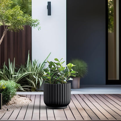 Kante Round Fulted Planter, 11 Inch Dia Large Concrete Plant Pots with Drainage Hole and Rubber