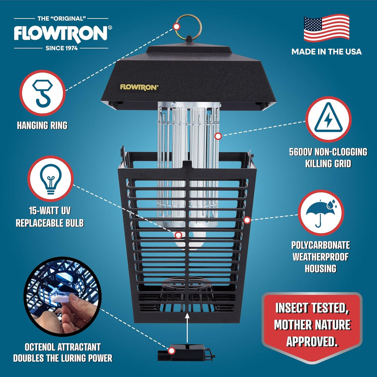 Flowtron Electric Bug Zapper 1/2 Acre Outdoor Insect Control with Dual Lure Method, 15W UV Light &
