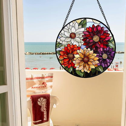 Stained Glass Window Hanging, Colorful Flowers Sun Catcher for Window Door Home Decor Plant