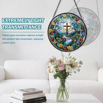 Cross Stained Glass Window Hanging, Wildflower Suncatcher Diamond Glass Panel Hangings, Sun