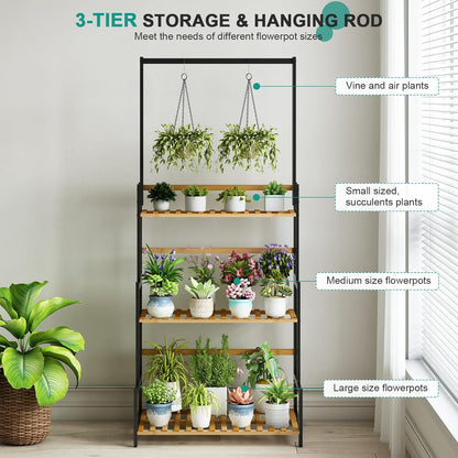 Ufine Bamboo Hanging Plant Stand 3 Tier Ladder Shelf with Hanging Rod Height Adjustable Flower Pot