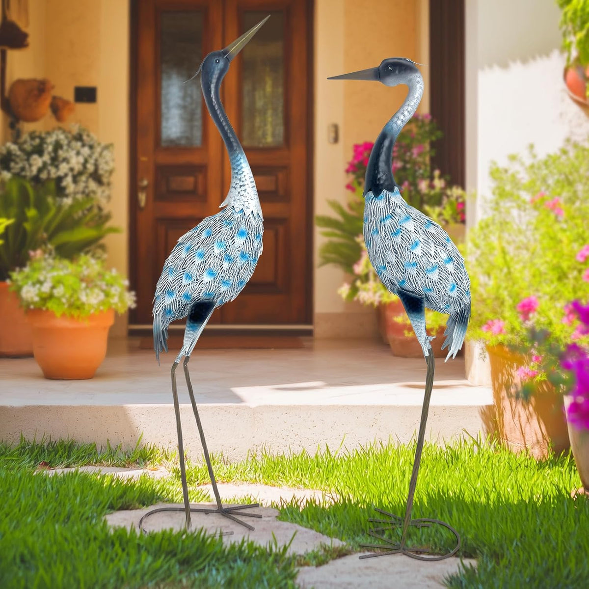 HONGLAND Garden Crane Statues Blue Heron Sculptures for Outdoor Metal Large Birds Lawn Ornaments