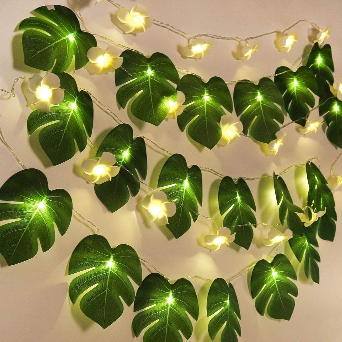 RECUTMS Monstera Leaf String Lights Artificial Foam Plumeria Tropical Palm Leaves Flower 40 LED