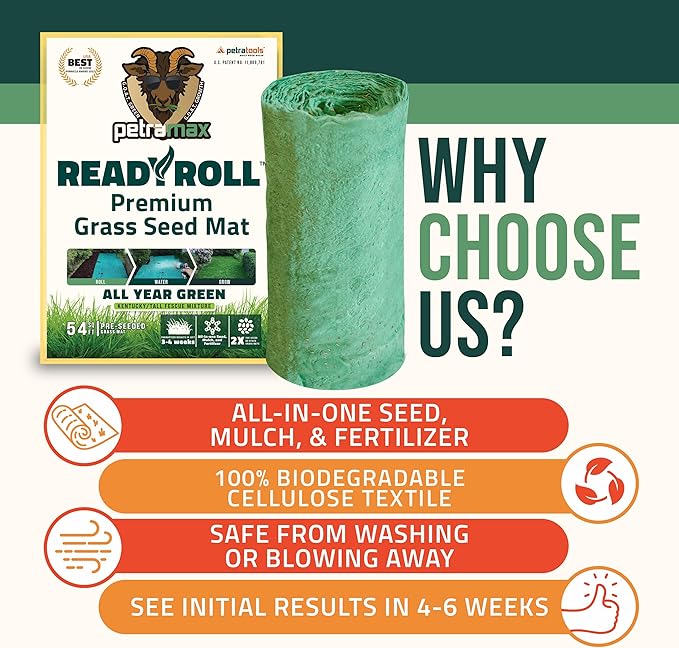 PetraMax ReadyRoll Biodegradable Grass Seed Mats for Lawns - Roll Out Mat with Tall Fescue &