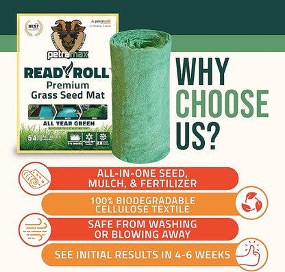 PetraMax ReadyRoll Biodegradable Grass Seed Mats for Lawns - Roll Out Mat with Tall Fescue &