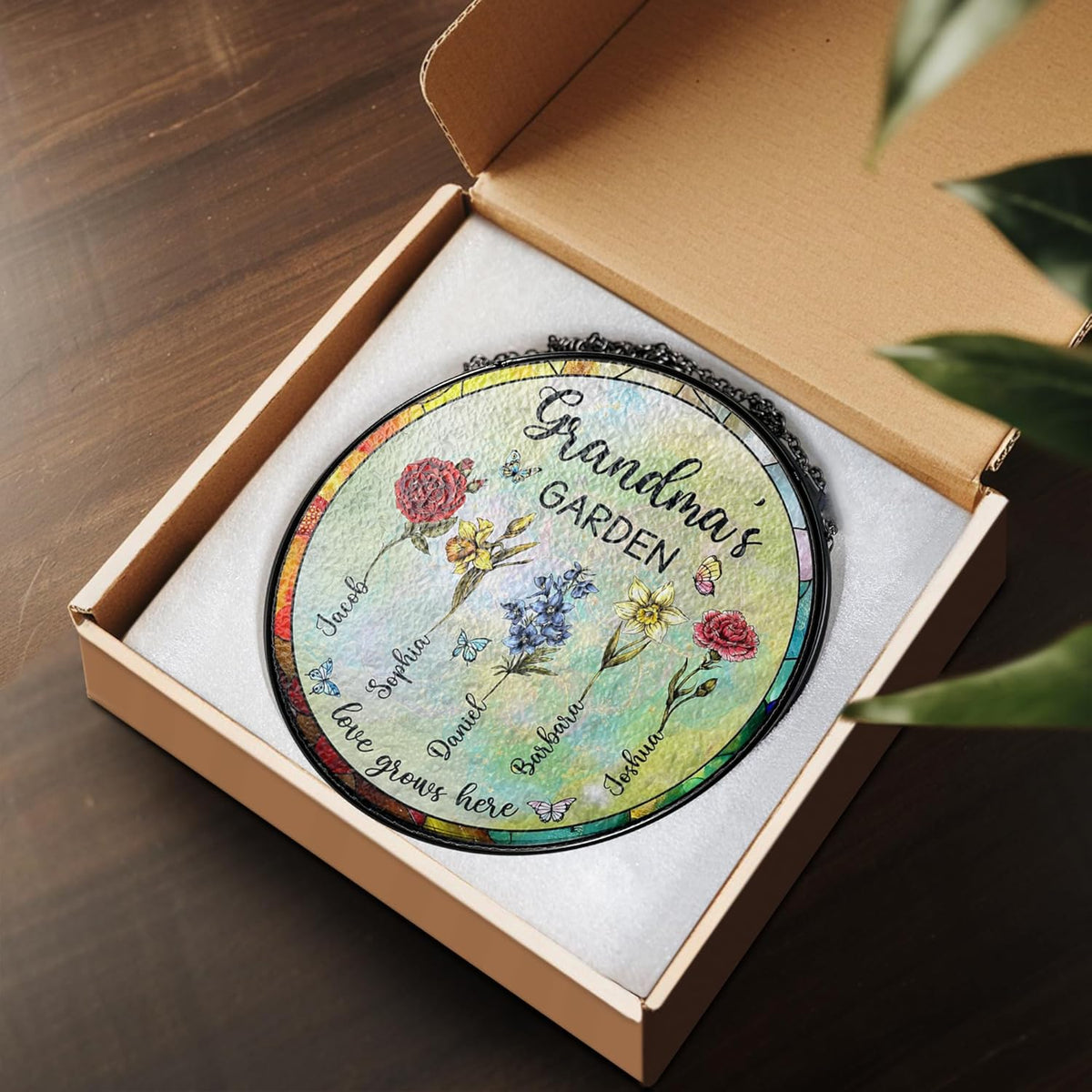 NAZENTI Personalized Grandma's Garden Stained Glass Suncatcher with Birth Month Flowers, Custom