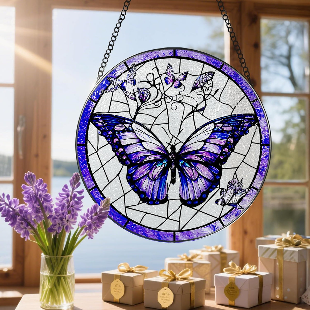 Stained Glass Window Hanging, 8 Inch Purple Butterfly Stained Glass Suncatcher, Butterfly Light