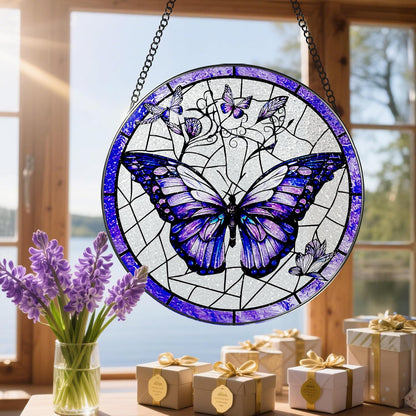Stained Glass Window Hanging, 8 Inch Purple Butterfly Stained Glass Suncatcher, Butterfly Light