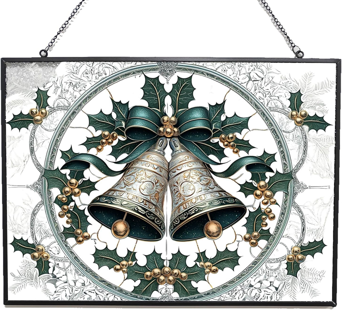 Personalized Rectangle Christmas Bell Suncatchers for Windows, Stained Glass Window