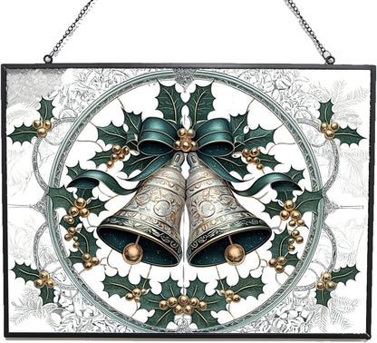 Personalized Rectangle Christmas Bell Suncatchers for Windows, Stained Glass Window