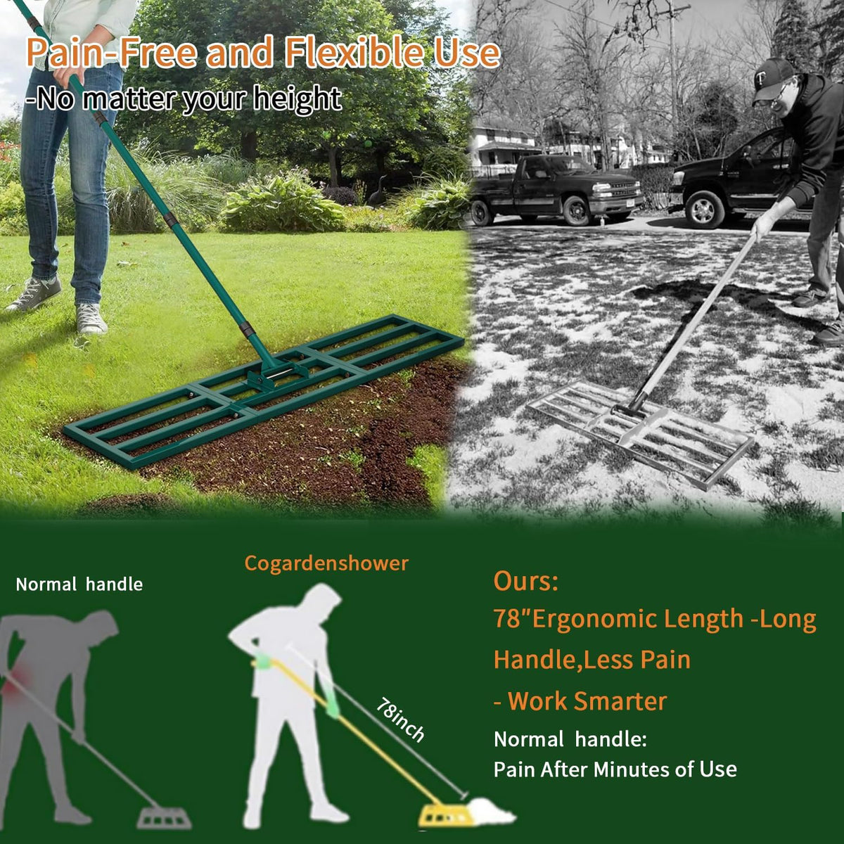 Lawn Leveling Rake Heavy Duty Stainless Steel Lawn Leveler Tool 45”x10” with 78” Adjustable Long