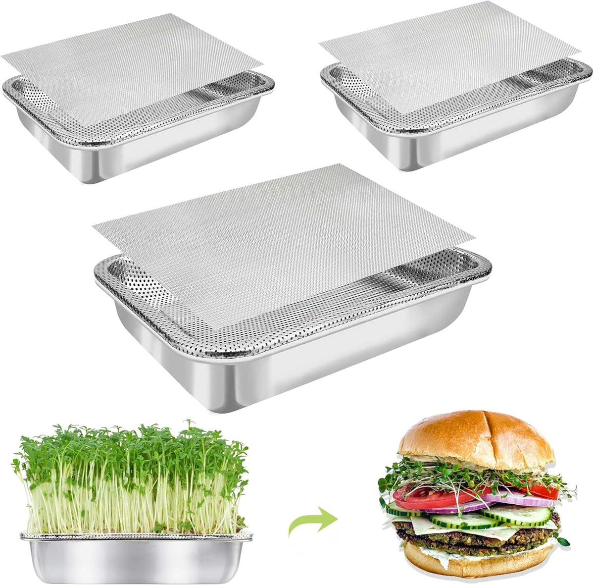 Stainless Steel Sprouts Growing Kit 3-Tier 14 inch Trays, Microgreens Growing Kit, Seed Sprouting