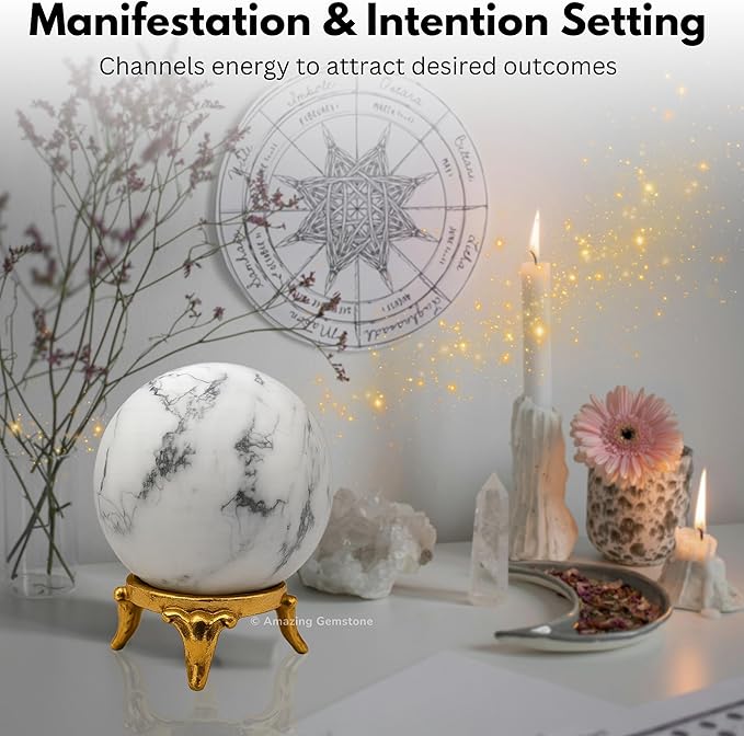 Amazing Gemstone Howlite Crystal Ball with Stand - 2 Inches Crystal Sphere Meditation Balls for