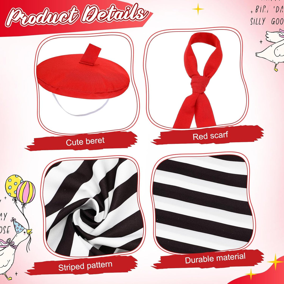 French Look Porch Goose Outfit Set for Cement Lawn Artist Hat Beret Red Scarf Black White Striped