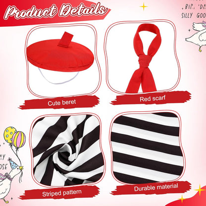 French Look Porch Goose Outfit Set for Cement Lawn Artist Hat Beret Red Scarf Black White Striped