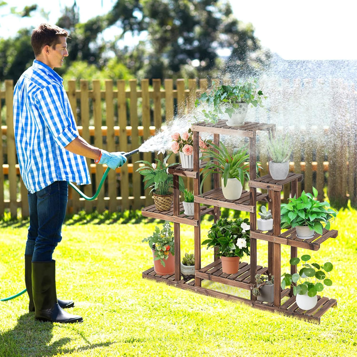 COSTWAY 6-Tier Multifunctional Wood Flower Stand, Shelf Holder for Multiple Plants, Freestanding