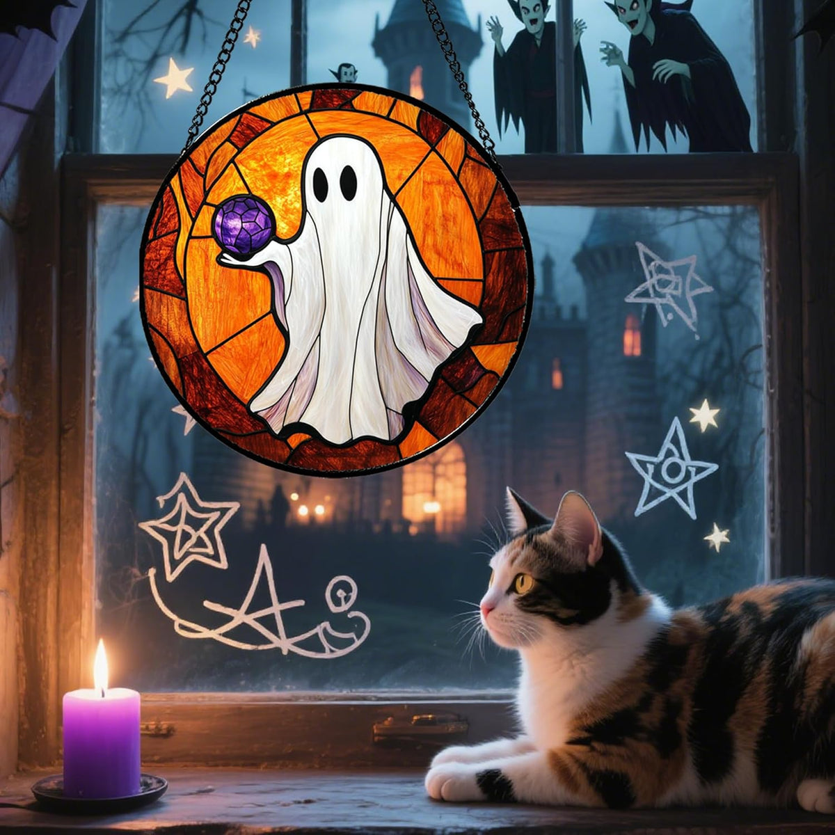 Stained Glass Window Hanging - Halloween Decorations Ghosts Vampire Suncatcher for Doors Garden