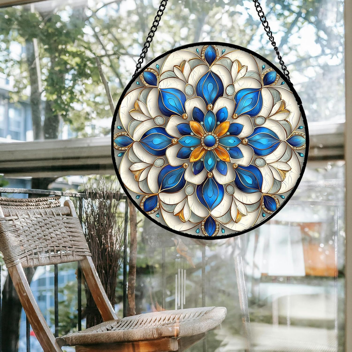 Stained Glass Window Hanging - Blue and White Abstract Flowers Suncatcher for Door Terrace Garden