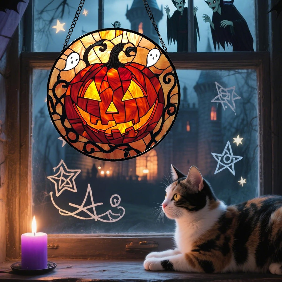 Stained Glass Window Hanging - Halloween Decorations Evil Pumpkin Orange Suncatcher for Doors