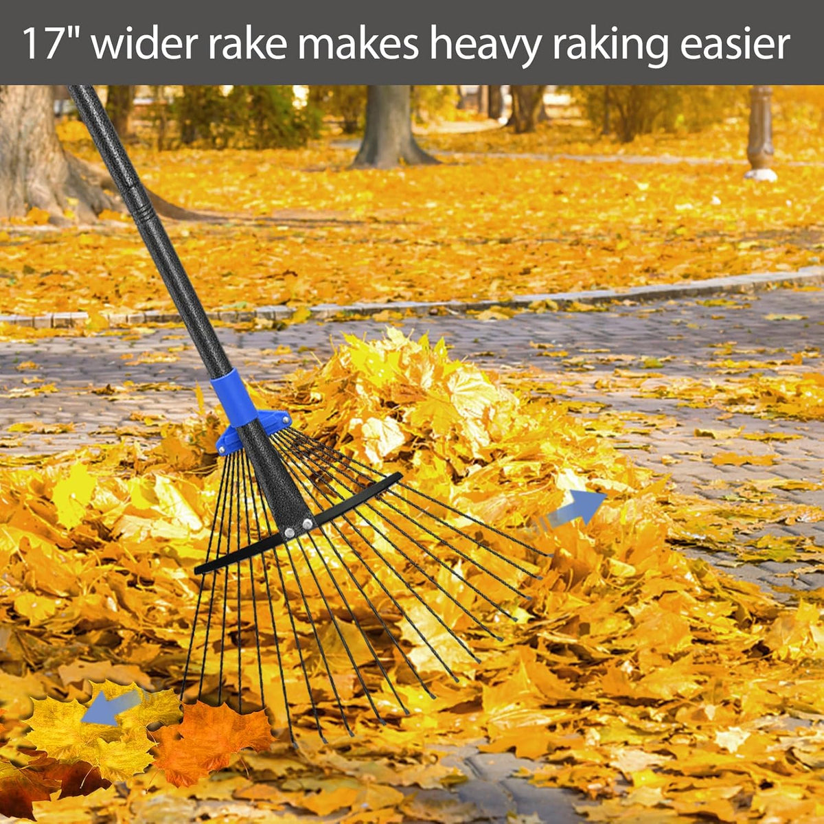 Adjustable Metal Leaf Rake Long Handle, Garden Rakes for Lawns Heavy Duty Leaves with Expandable