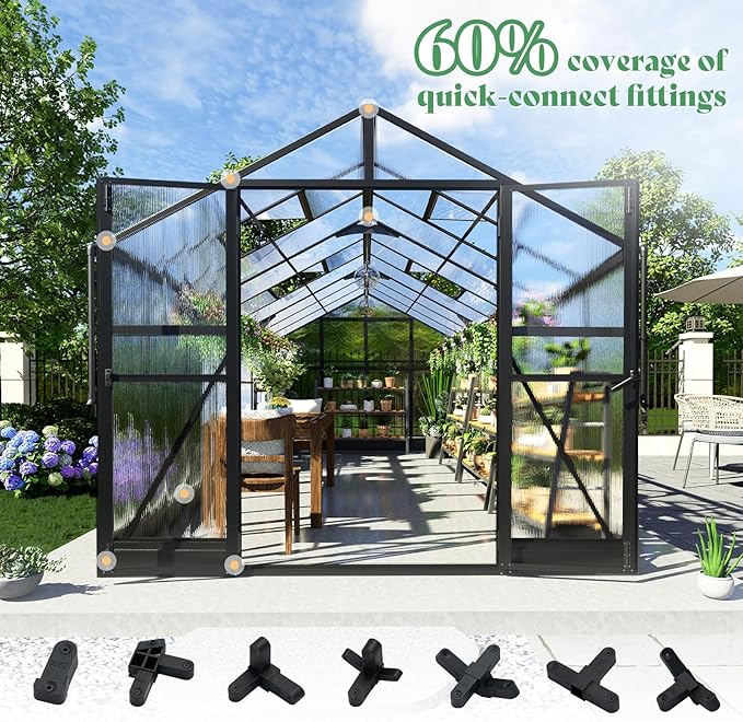 AMERLIFE 8x18x7FT Polycarbonate Greenhouse, Walk in Greenhouse with Quick-Connect System, Green