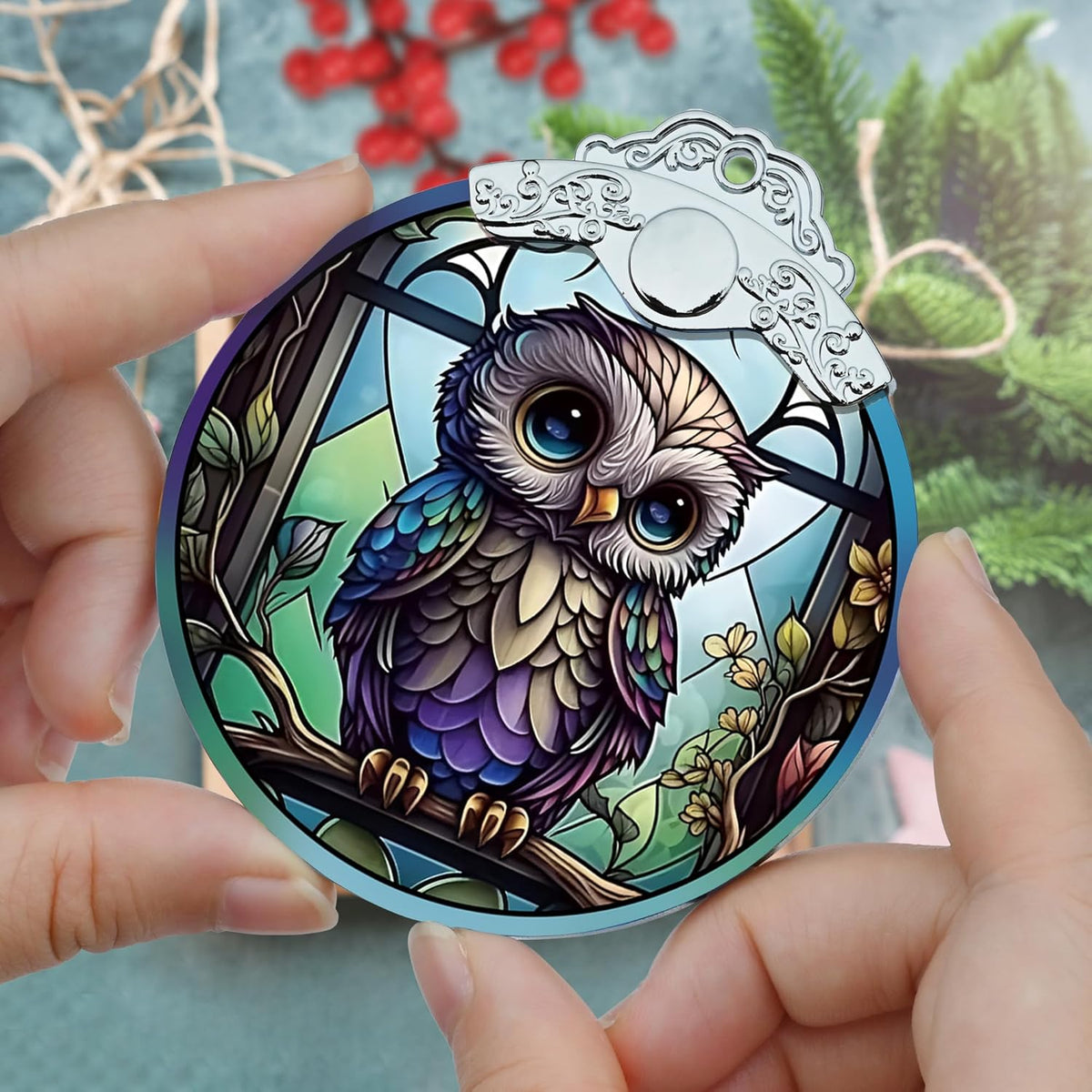 Owl Christmas Ornaments - Stained Glass Holiday Decorations, Tree Ornaments, Xmas Gifts for Owl