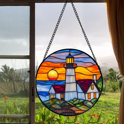 Stained Glass Window Hanging - Sea Lighthouse Suncatcher for Door Terrace Garden Home Decor Sunset