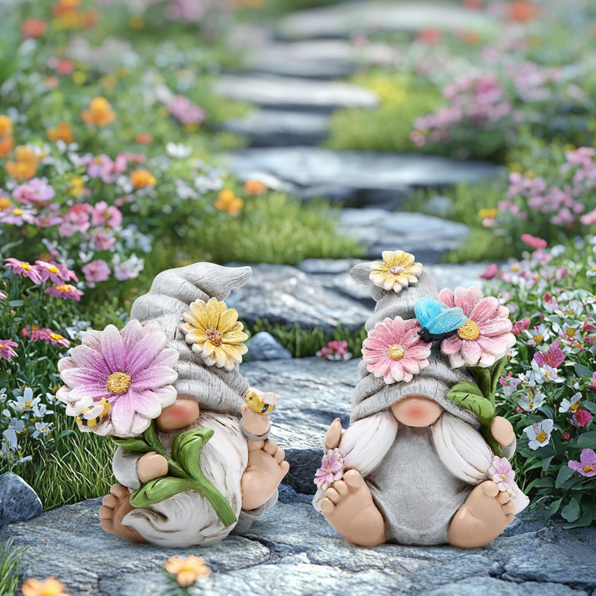 Hodao Set of 2 Spring Gnome Decorations Flower Gnomes Ornaments Decor Summer Outdoor Figurines
