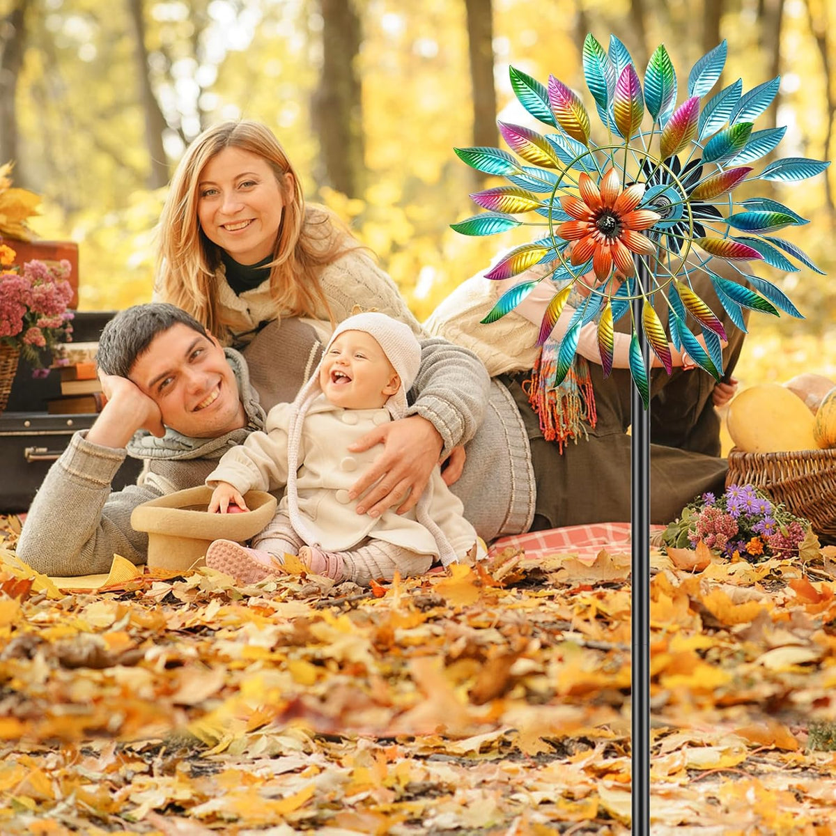 64in Wind Spinners Outdoor, Garden Wind Spinner Windmill with 5 Prong Base Stand, Metal Pinwheels