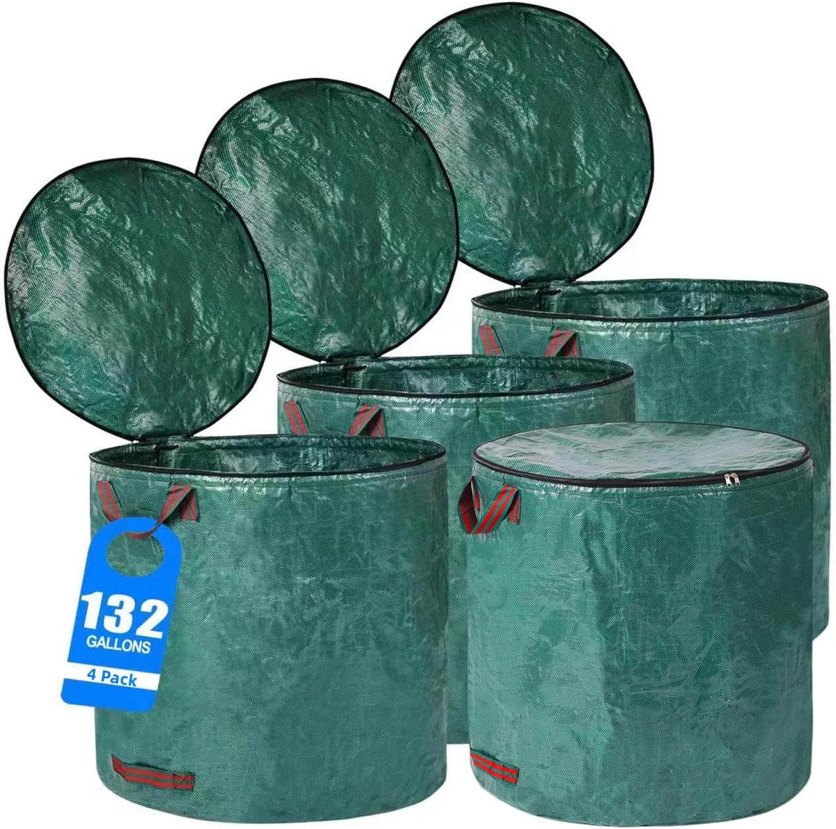4 Pack 132 Gallons Reusable Yard Waste Bags with Double Bottom and Zipper Lid, Heavy Duty with 4