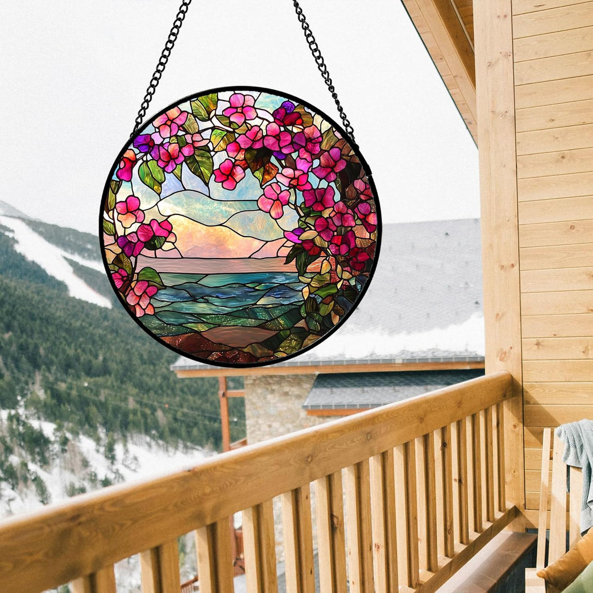 Stained Glass Window Hanging, Purple Flower Landscape Wreath Sun Catcher for Door Home Decor Plants