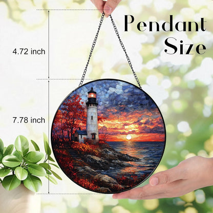 Coastal Lighthouse in Autumn Suncatcher -7.9 in Stained Glass Window Hanging Sun Catcher Garden