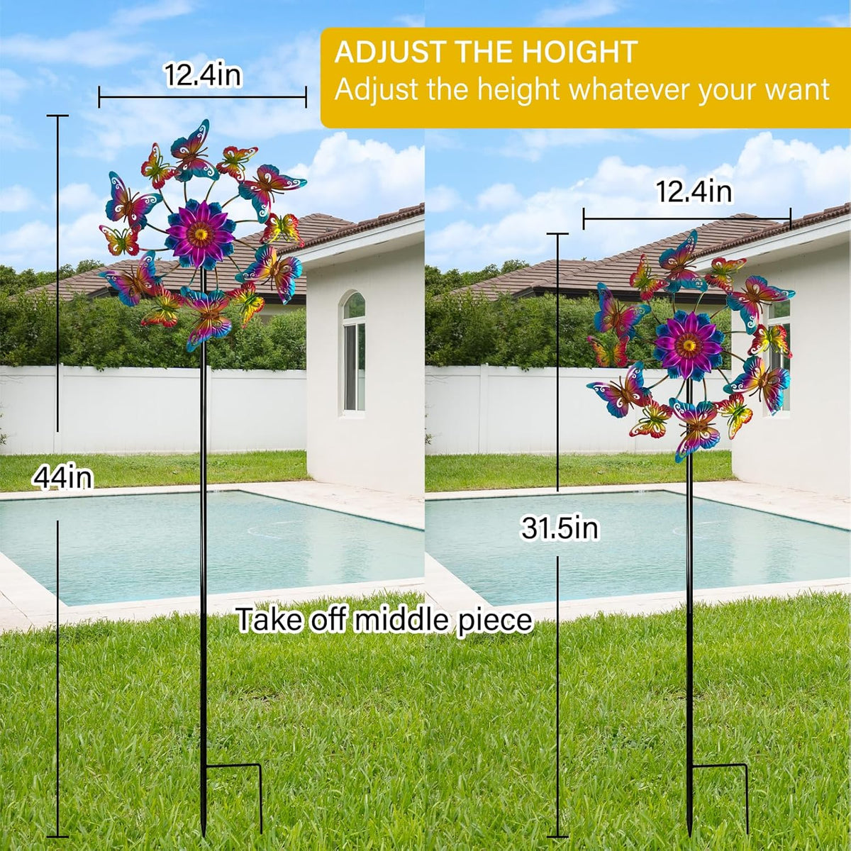 45" Butterfly Garden Wind Spinners for Yard, 12pcs Colorful Butterflies Kinetic Outdoor Decor, Wind