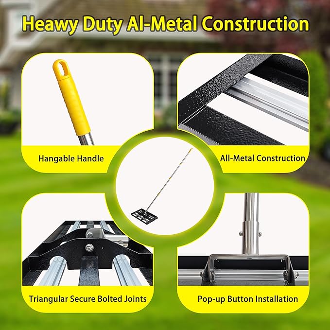17"x10"Lawn Leveling Rake with Aluminum Rollers, Stainless Steel Yard Lawn Leveler Tool with