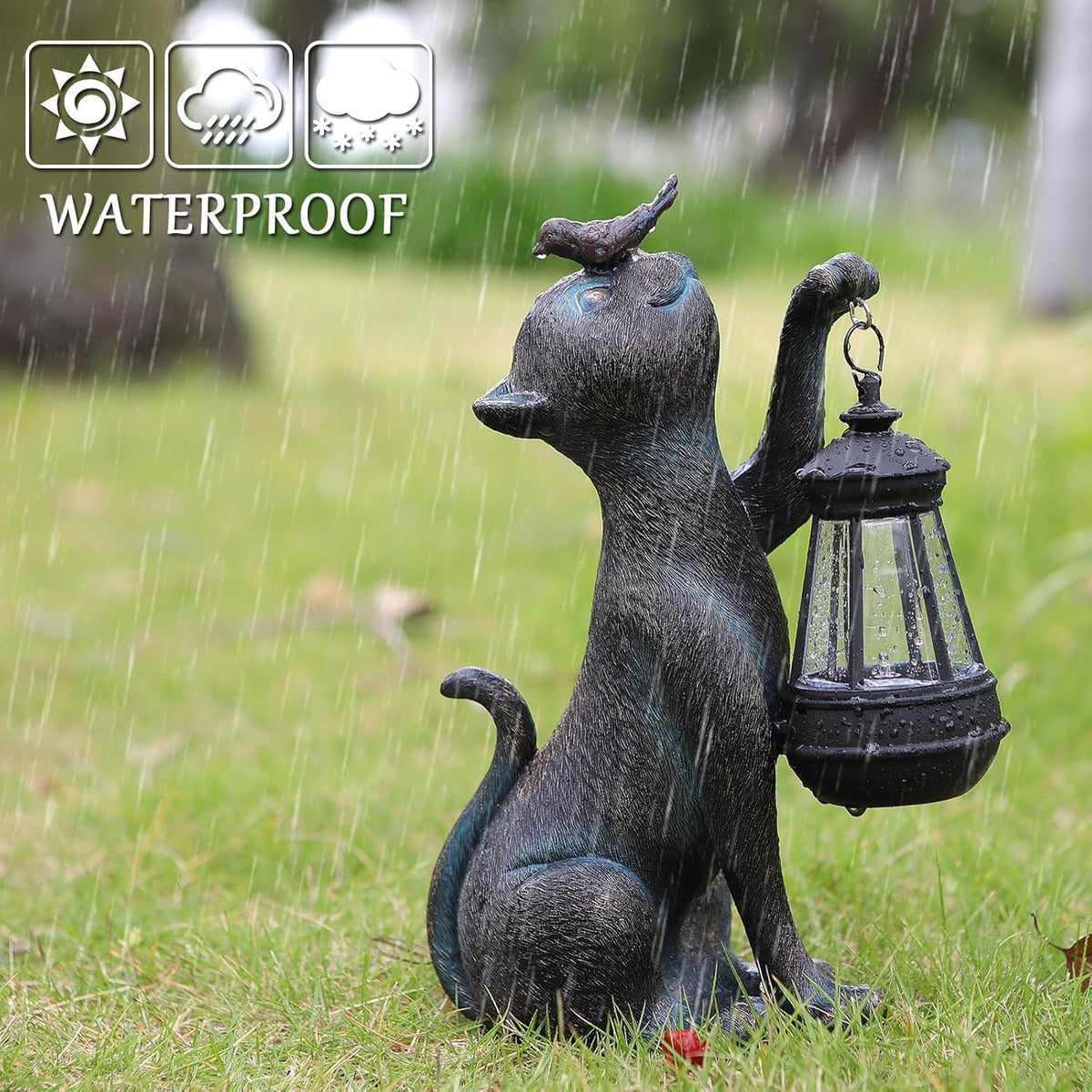 Outdoor Cat Statues Solar Garden Decor : Cat Figurine with Bird Decor,Unique Garden Art for Porch