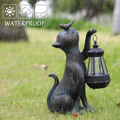 Outdoor Cat Statues Solar Garden Decor : Cat Figurine with Bird Decor,Unique Garden Art for Porch