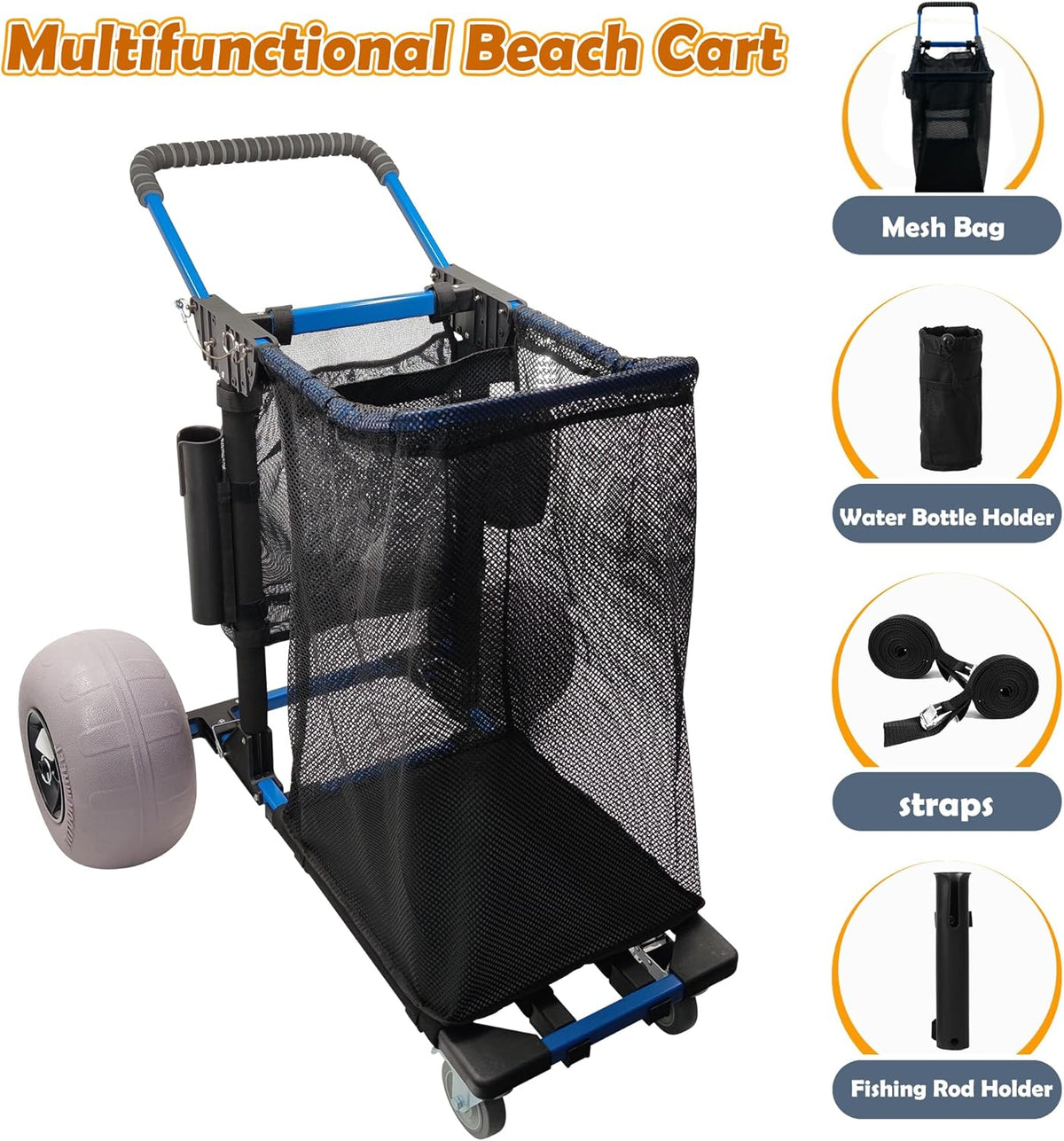 Beach Cart Foldable Fishing Trolley with 12 inch Balloon Wheels for Sand All-Terrain