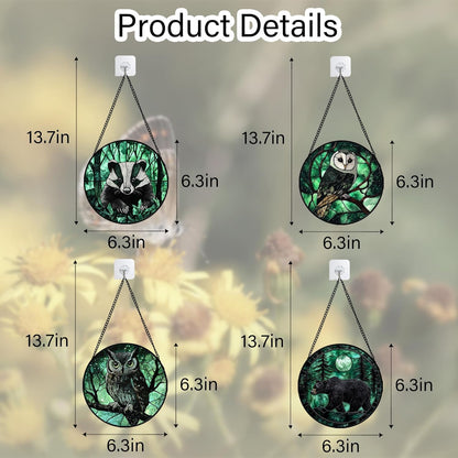 Stained Glass Window Hanging 4 Pcs Set Green Forest Night Sky Wildlife 6.3" - Suncatcher Door
