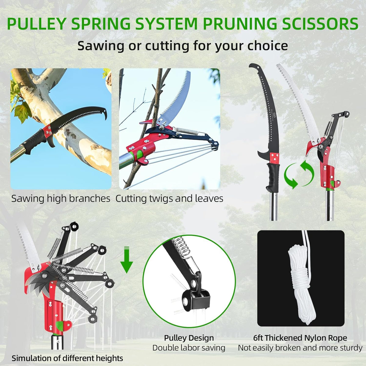27FT Manual Pole Saw, Tree Branch Trimmer with 8-Section Fiberglass Handle, Sharp Steel Blade and