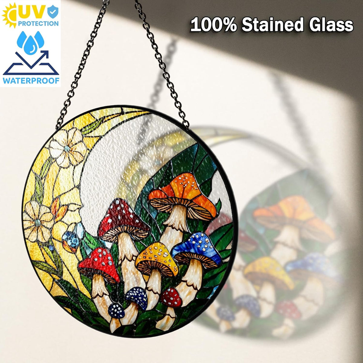 7.8" Mushrooms Stained Glass, Suncatcher for Window Hanging, Suncatcher Art Decor for Home Garden