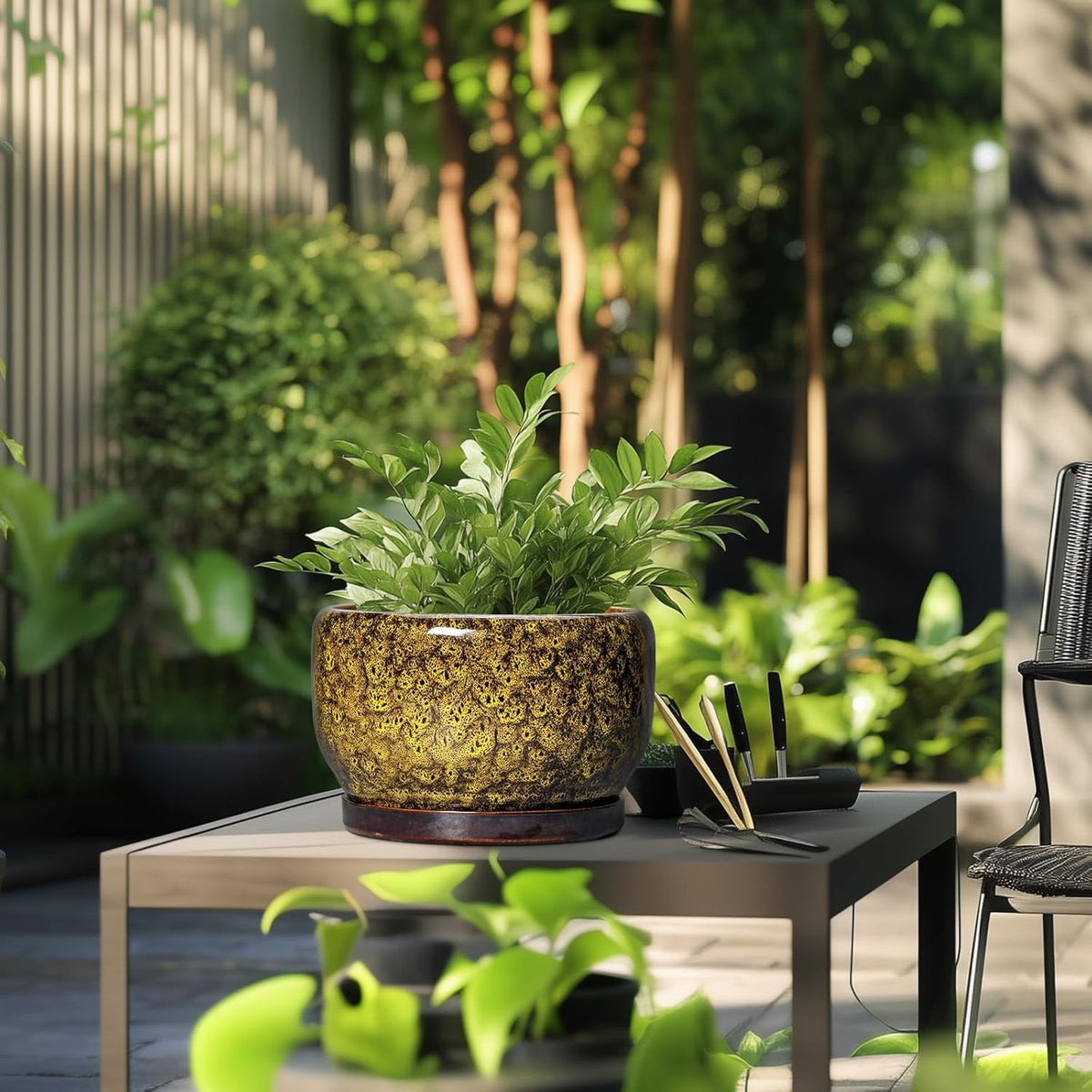 SQOWL 10 Inch Plant Pot - Ceramic Flower Pots with Drainage Hole and Saucer, Ceramic Planter for