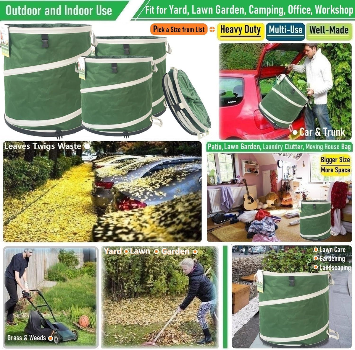 24 Gallon and 32 Gallon Collapsible Trash Can Solid Bottom for Garden Debris Bag,Yard Waste