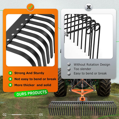 KUAFU 60 in Landscape Rake, 3 Point Rake Compatible with Category-1 Tractor, 360 Degree Rotation