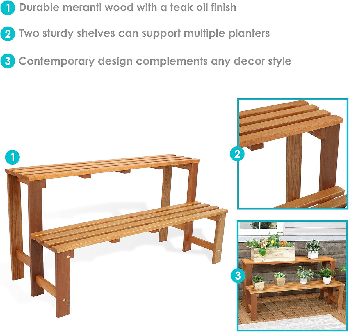 Sunnydaze 2-Tier Meranti Outdoor Wood Plant Stand - Indoor Plant Bench with Teak Oil Finish