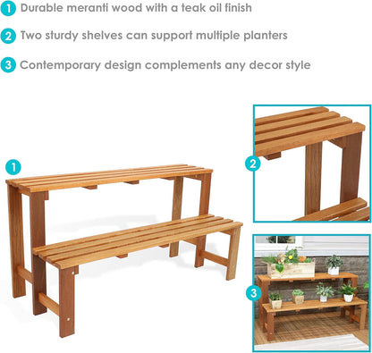 Sunnydaze 2-Tier Meranti Outdoor Wood Plant Stand - Indoor Plant Bench with Teak Oil Finish