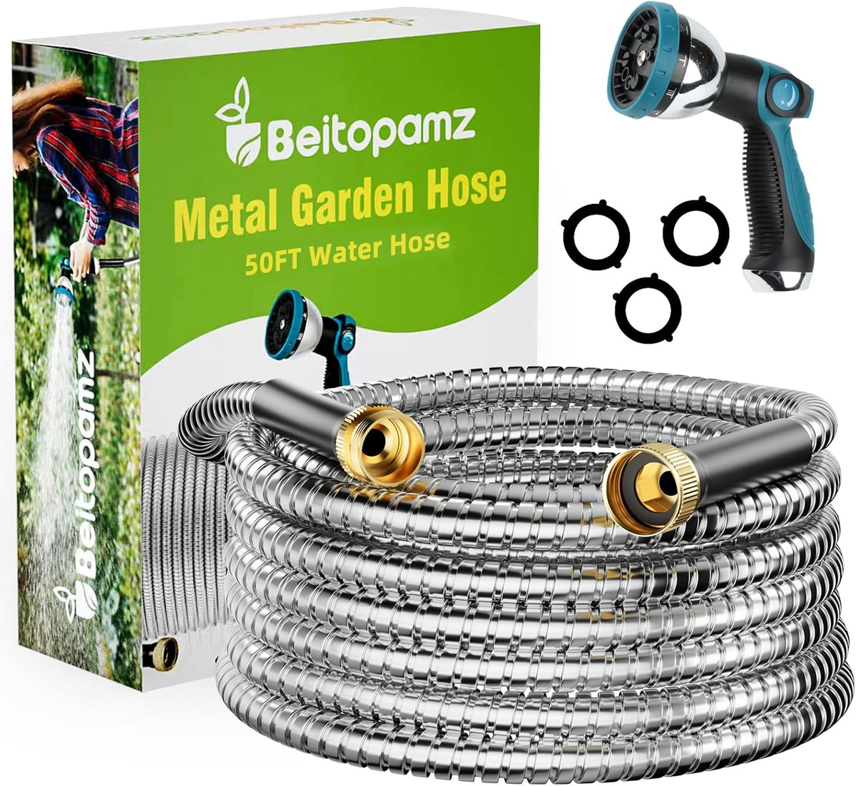 Garden Hose 50 ft, Stainless Steel Metal Water Hose 50 Feet with Nozzle, Flexible, Rust Proof